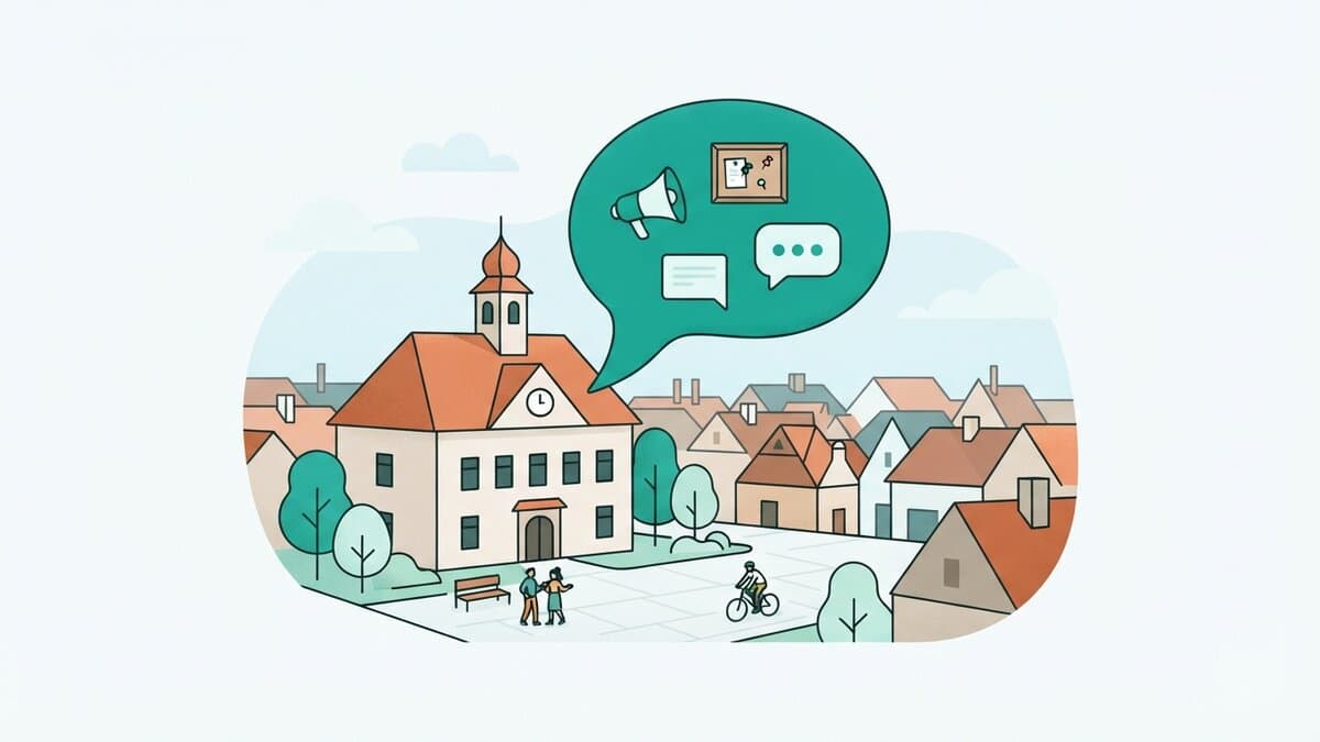 Ilustrace komunikačních kanálů obce - úřední deska, mobilní telefon s aplikací a notebook s webem obce vedle sebe